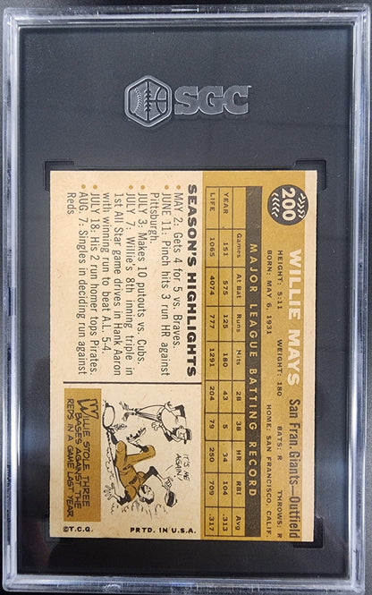 Willie Mays 1960 Topps #200 baseball card in protective case with yellow back design