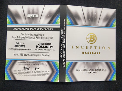 Druw Jones + Jackson Holliday 2023 Bowman Inception Jumbo Relic Auto Book #36/50