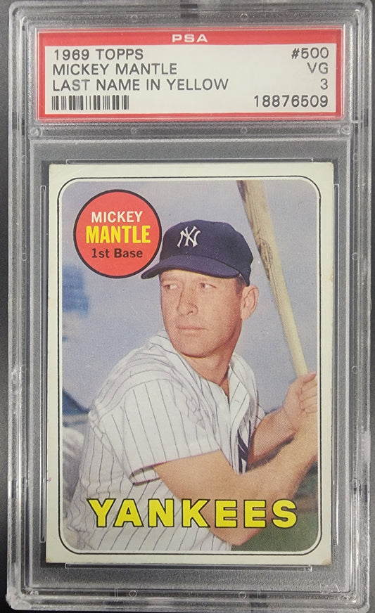 Mickey Mantle 1969 Topps #500 PSA 3 trading card with player in pinstripes holding bat