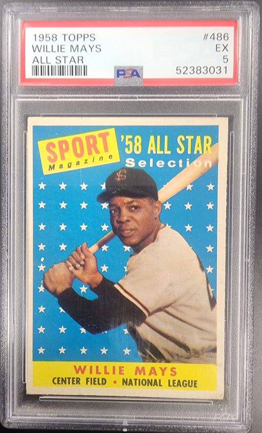 PSA-graded Willie Mays 1958 Topps All-Star baseball card with a blue star background