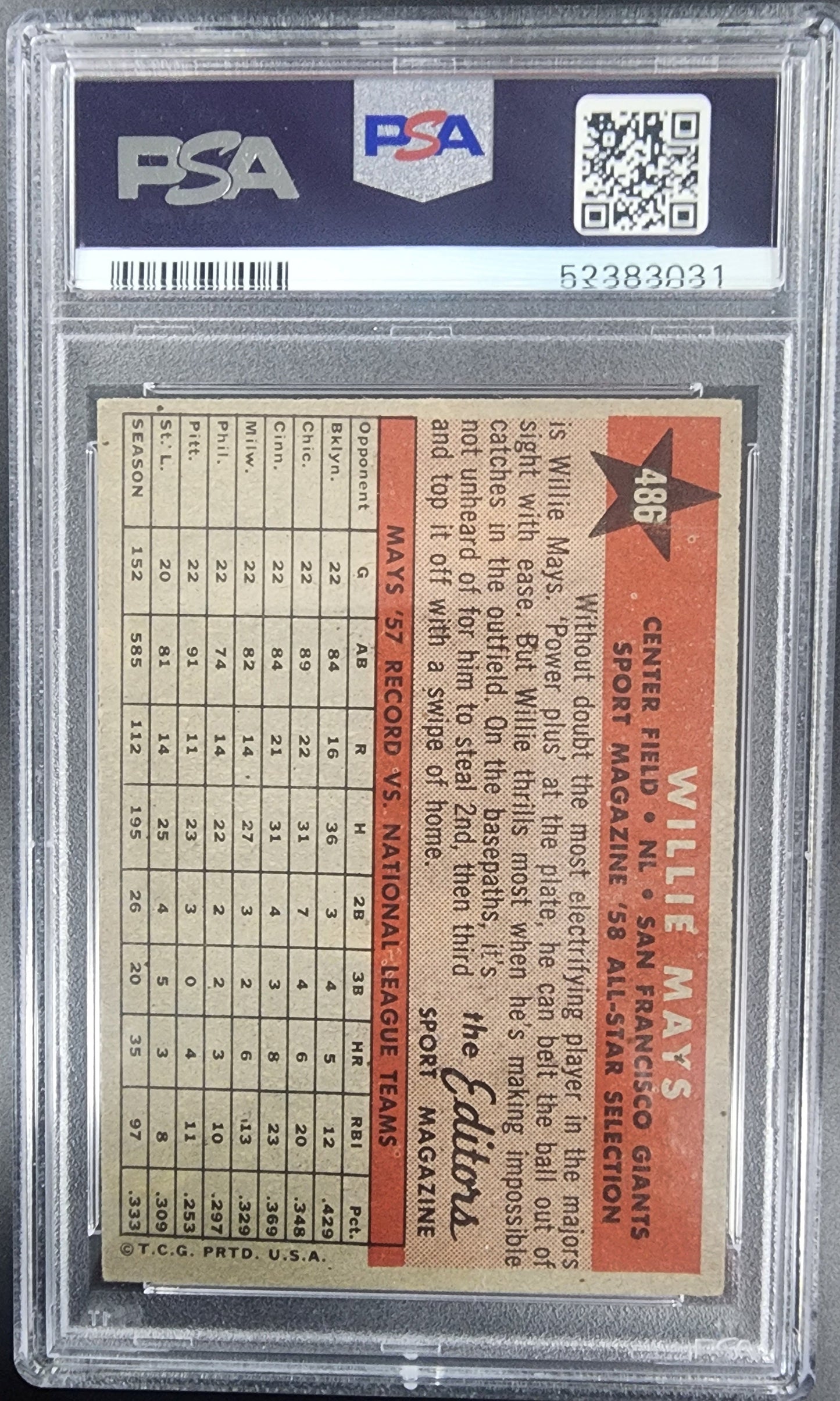 PSA-graded Willie Mays 1958 Topps All-Star #486 trading card in protective case