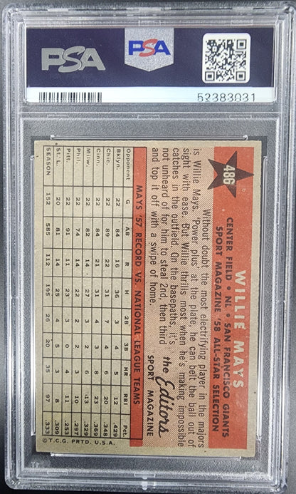 PSA-graded Willie Mays 1958 Topps All-Star #486 trading card in protective case