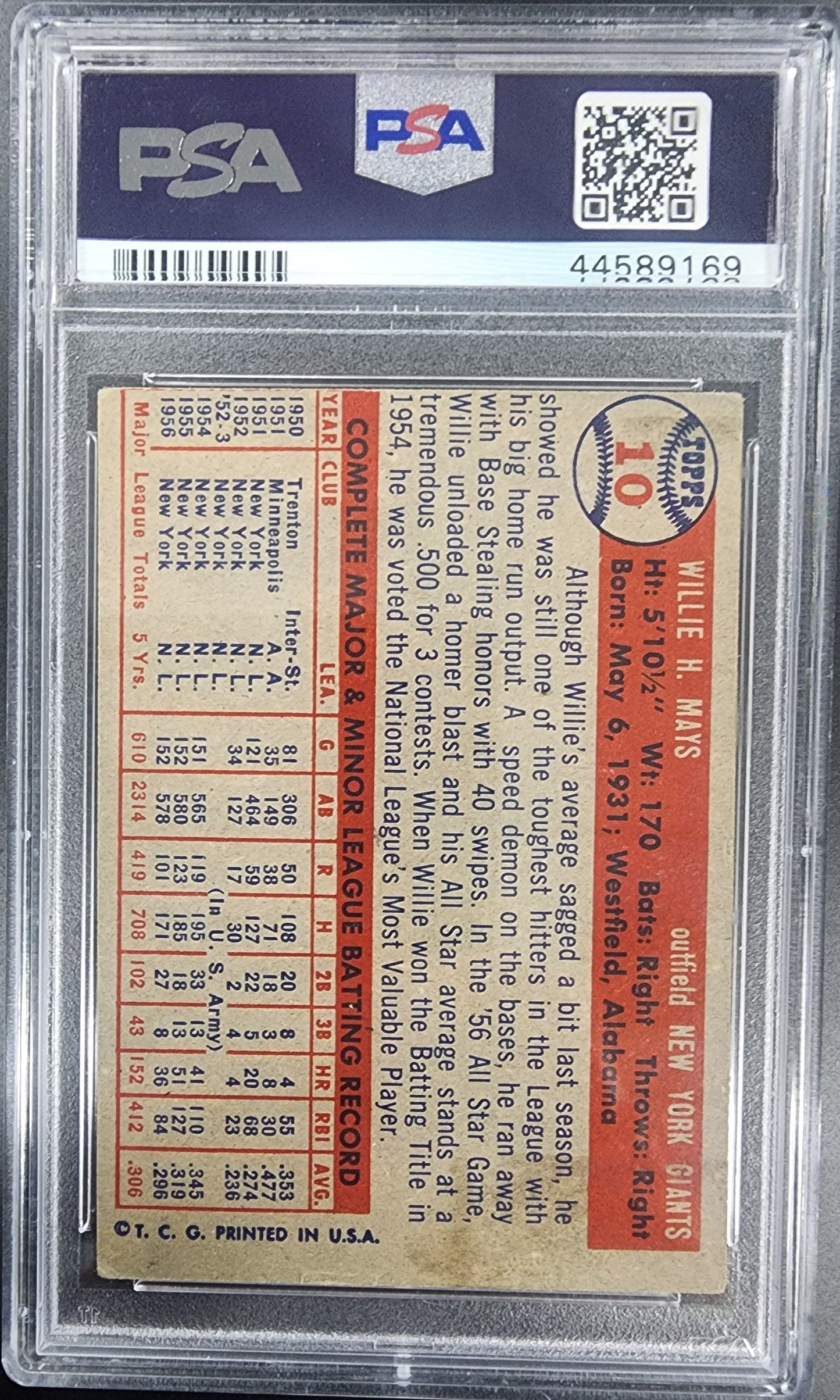 PSA-graded Willie Mays 1957 Topps #10 baseball card reverse with statistics and text