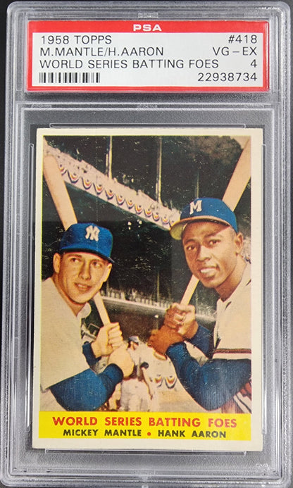 PSA-graded 1958 Topps card of World Series foes Mickey Mantle and Hank Aaron in batting practice