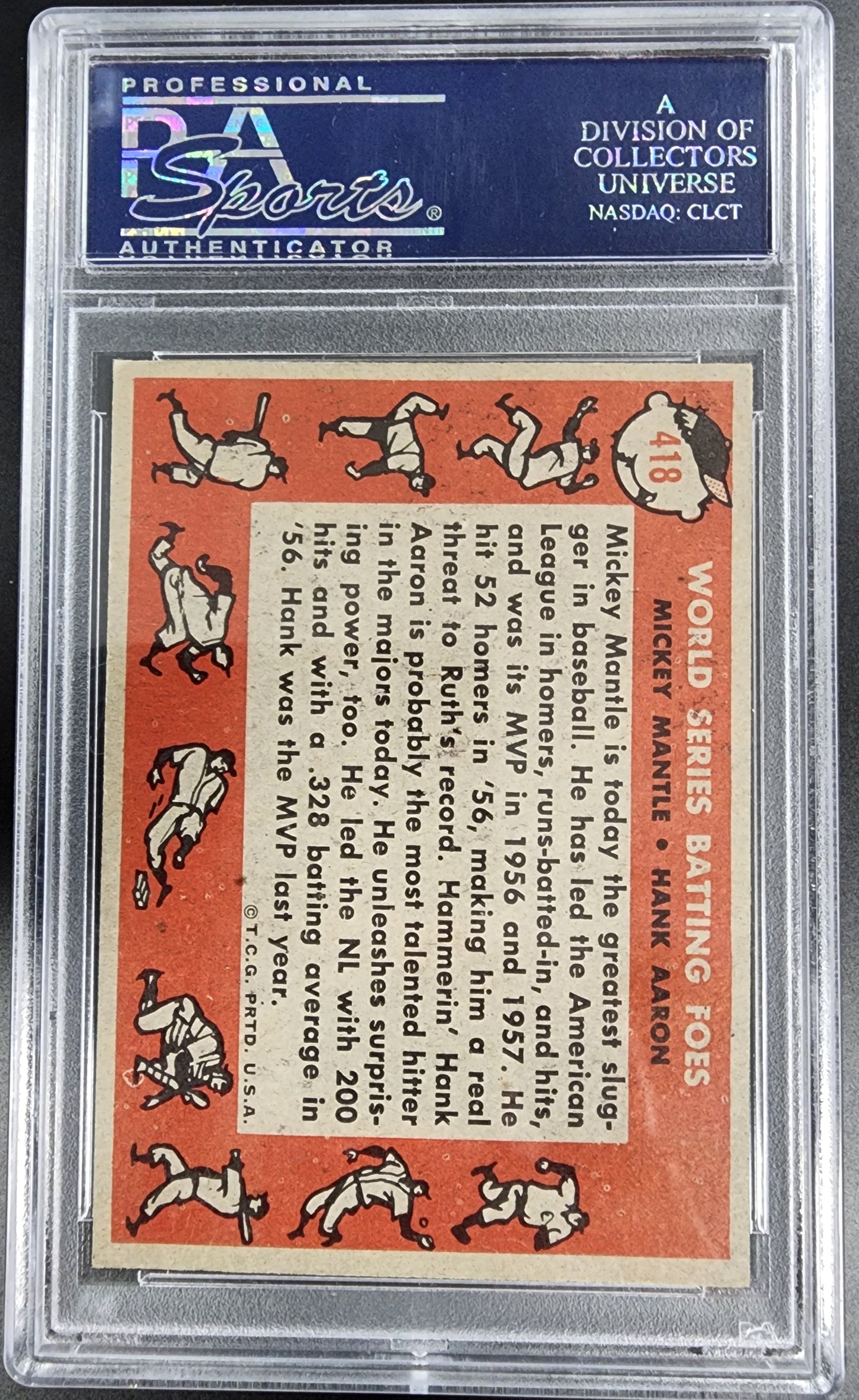 PSA-graded Mickey Mantle and Hank Aaron 1958 World Series Foes card on orange background