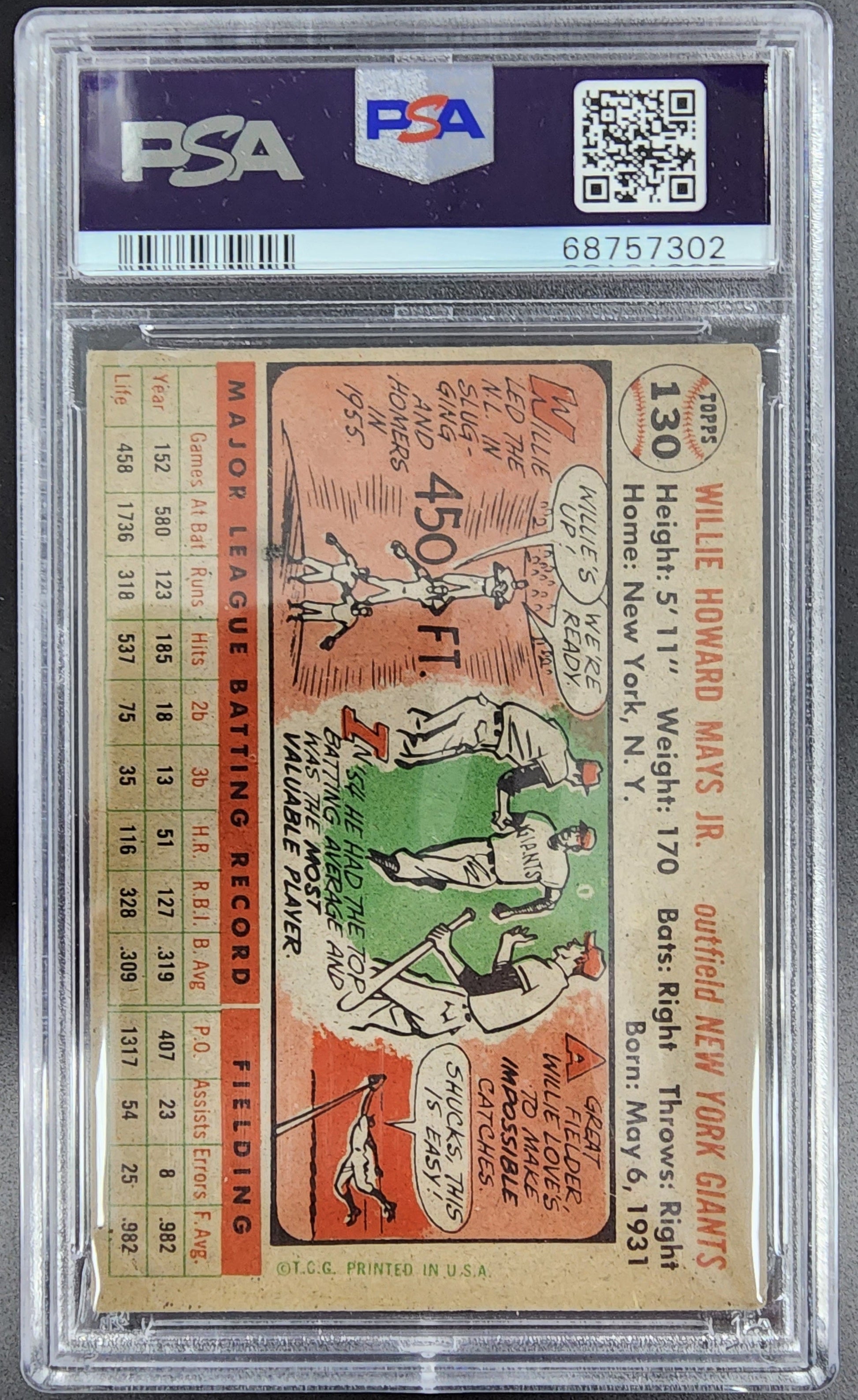 Willie Mays 1956 Topps #130 Grey Back PSA 4MK trading card in protective holder