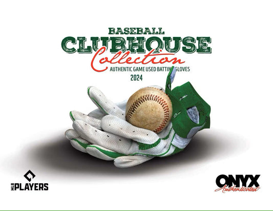 Worn baseball in green and white glove from 2024 Onyx Clubhouse Collection