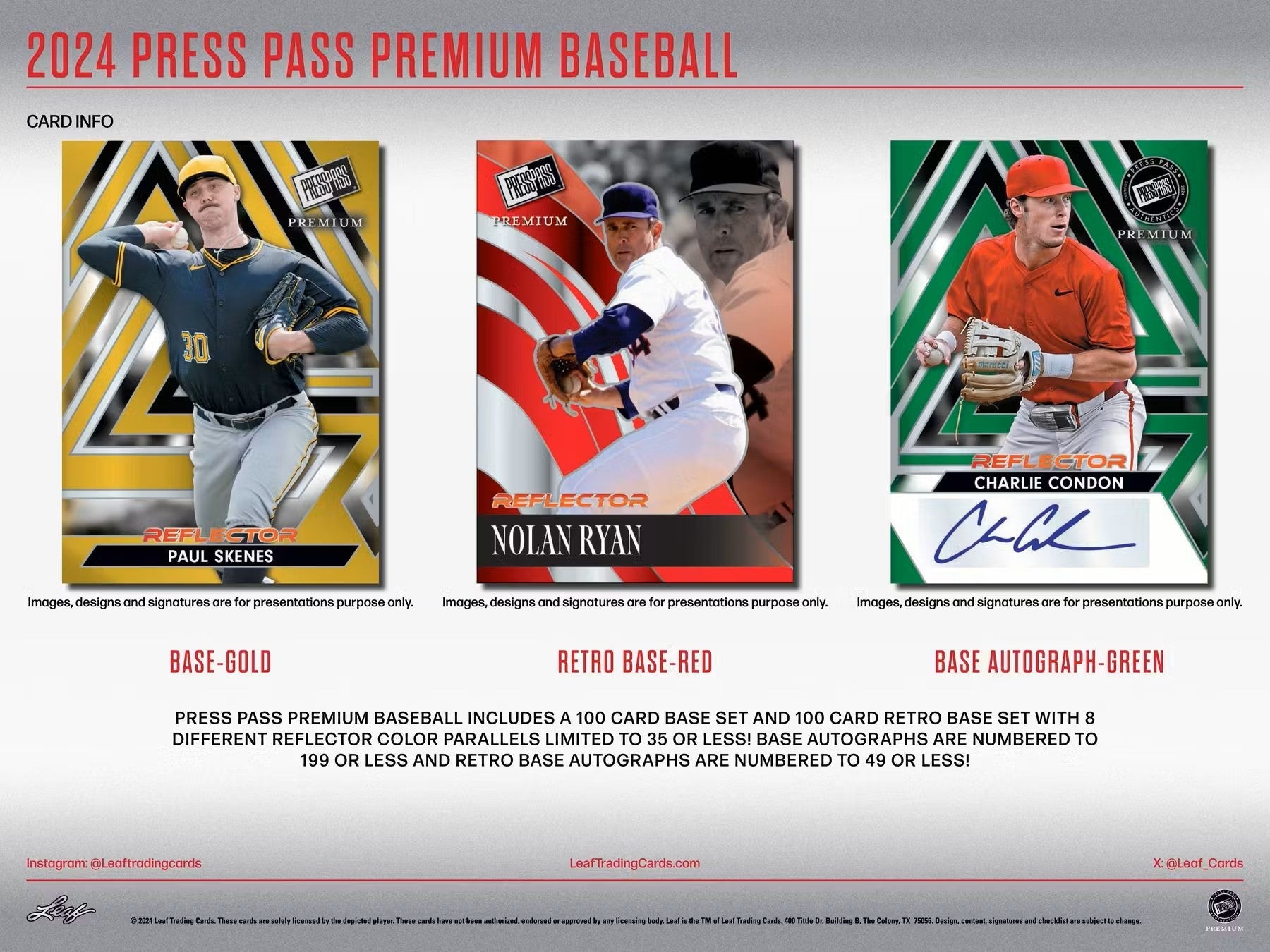 Advertisement showcasing 2024 Press Pass Premium Baseball card designs in gold, red, green