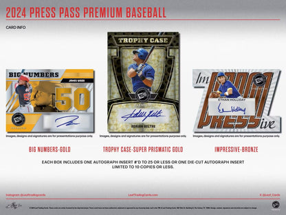 Advertisement for 2024 Press Pass Premium Baseball cards featuring three designs