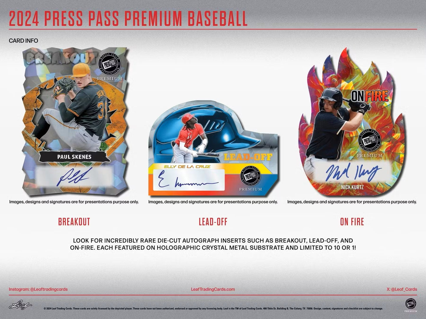 Advertisement featuring 2024 Press Pass Premium Baseball card designs Breakout, Lead Off, and On Fire