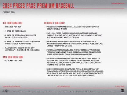 Product information card for 2024 Press Pass Premium Baseball trading cards