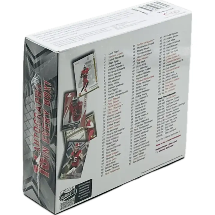 White retail box of 2025 Sage Low Series Football featuring names and sports images