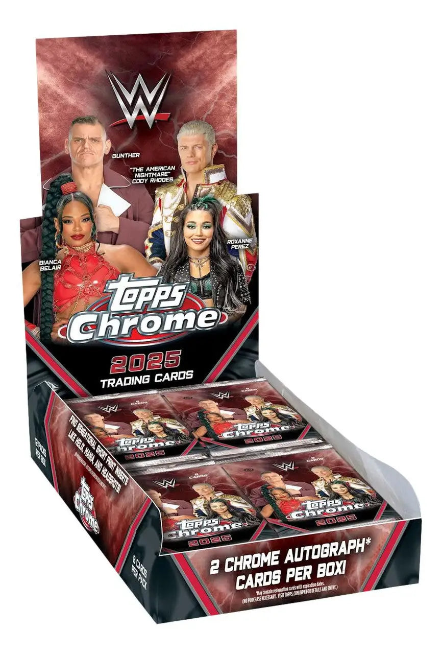 Display box of 2022 Topps Chrome WWE trading cards in 2025 Topps Chrome WWE Hobby Box