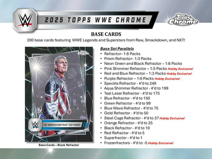 2025 Topps WWE Chrome product sheet featuring hobby exclusive parallel card variations and odds