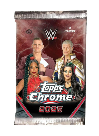 WWE Topps Chrome 2025 trading card pack featuring wrestling superstars, hobby exclusive