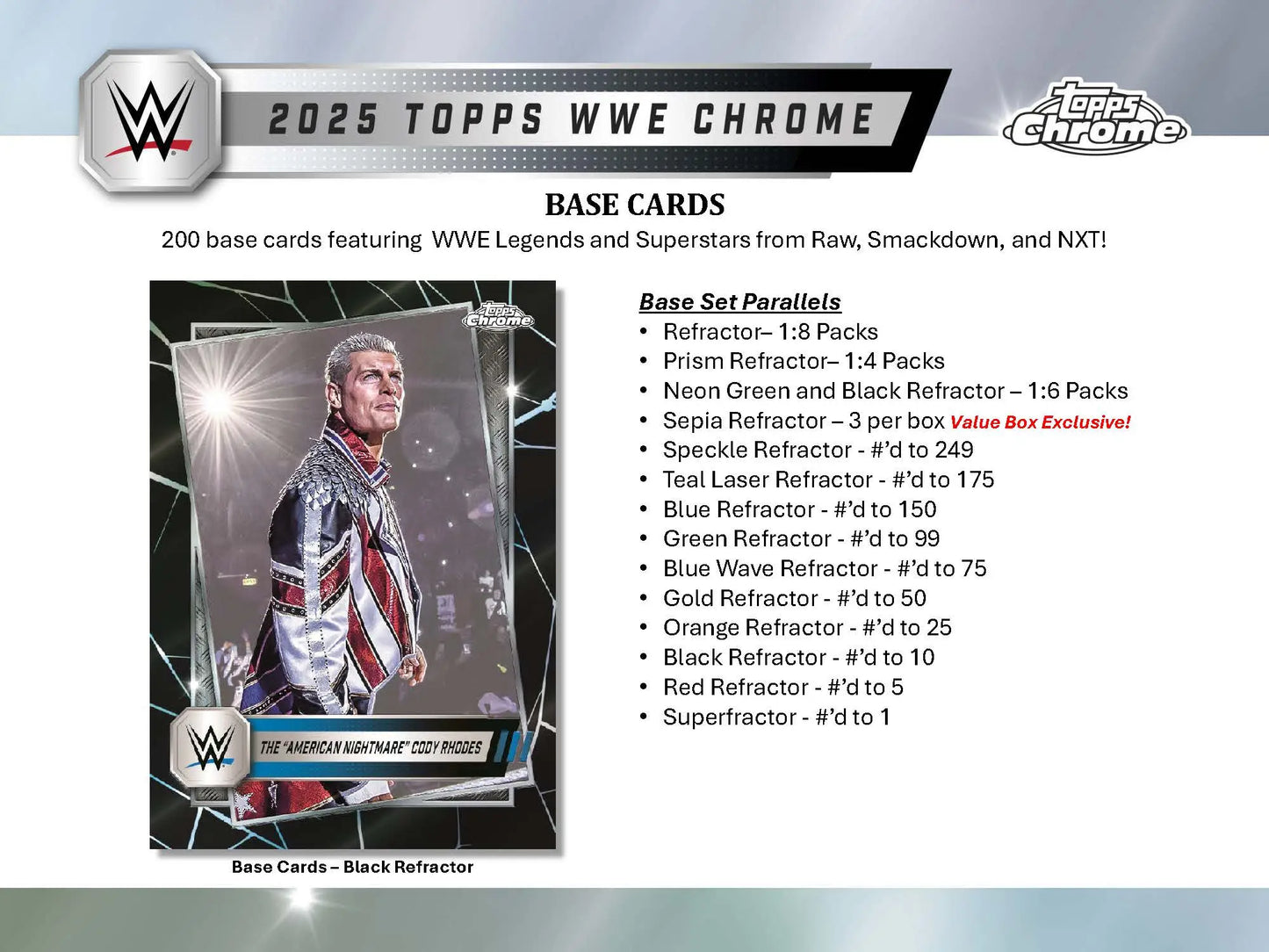 2025 Topps WWE Chrome trading card product information sheet for WWE Superstars parallels and odds