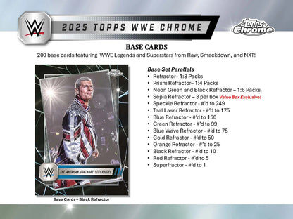 2025 Topps WWE Chrome trading card product information sheet for WWE Superstars parallels and odds