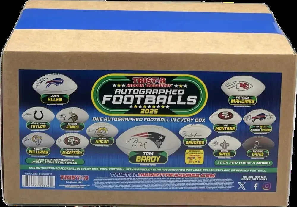 Box of 2025 Tristar Hidden Treasures Autographed Footballs for collectors and fans