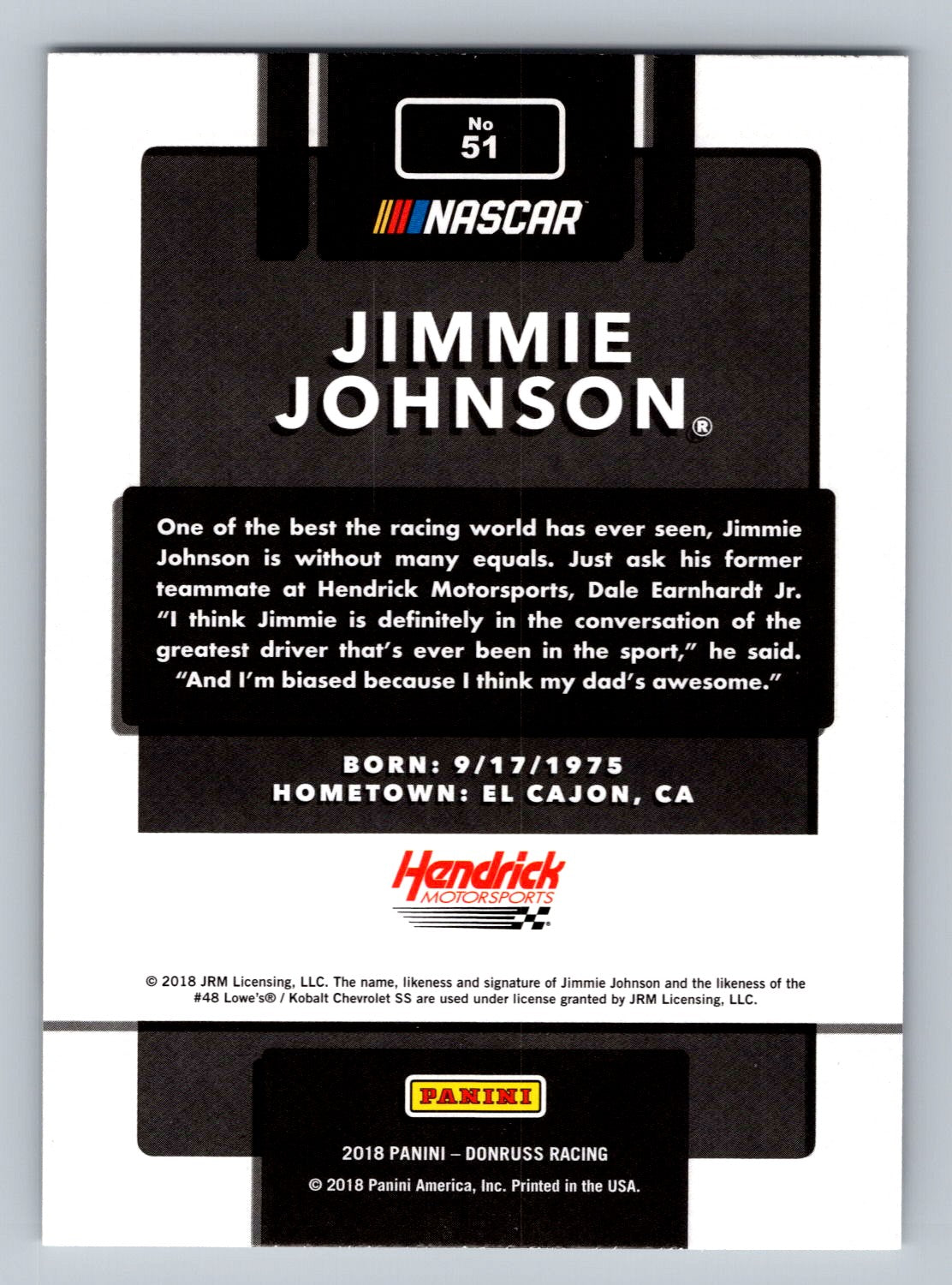 2018 Donruss #51 Jimmie Johnson Name Variation