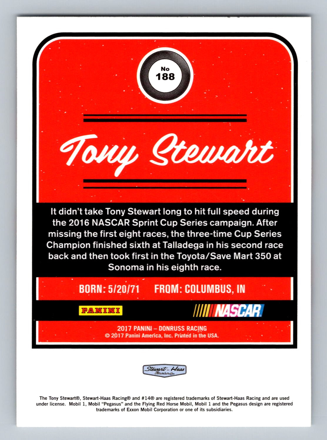 2017 Donruss #188 Tony Stewart Name Variation