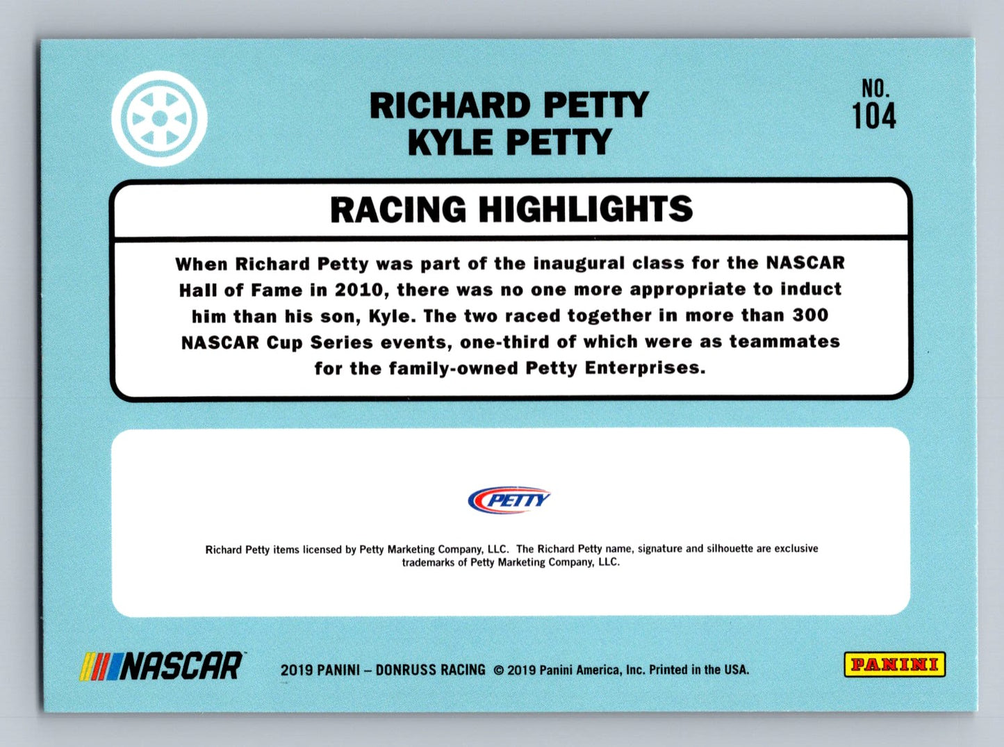 2019 Donruss #104 Richard Petty & Kyle Petty Father Son Variation