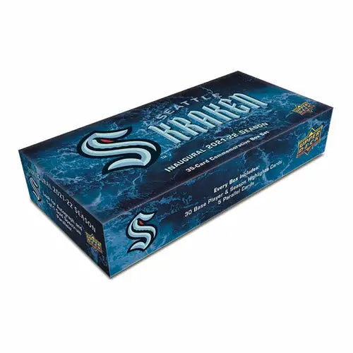 Blue box of Skulltech trading cards with watery design in 21-22 Upper Deck Seattle Kraken Box Set