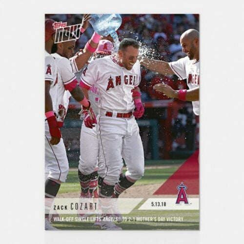 Baseball trading card of Zack Cozart being doused, single lifts Angels to victory