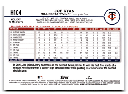 2024 Topps Holiday Silver Glitter #H104 Joe Ryan NM-MT Twins ID:75065