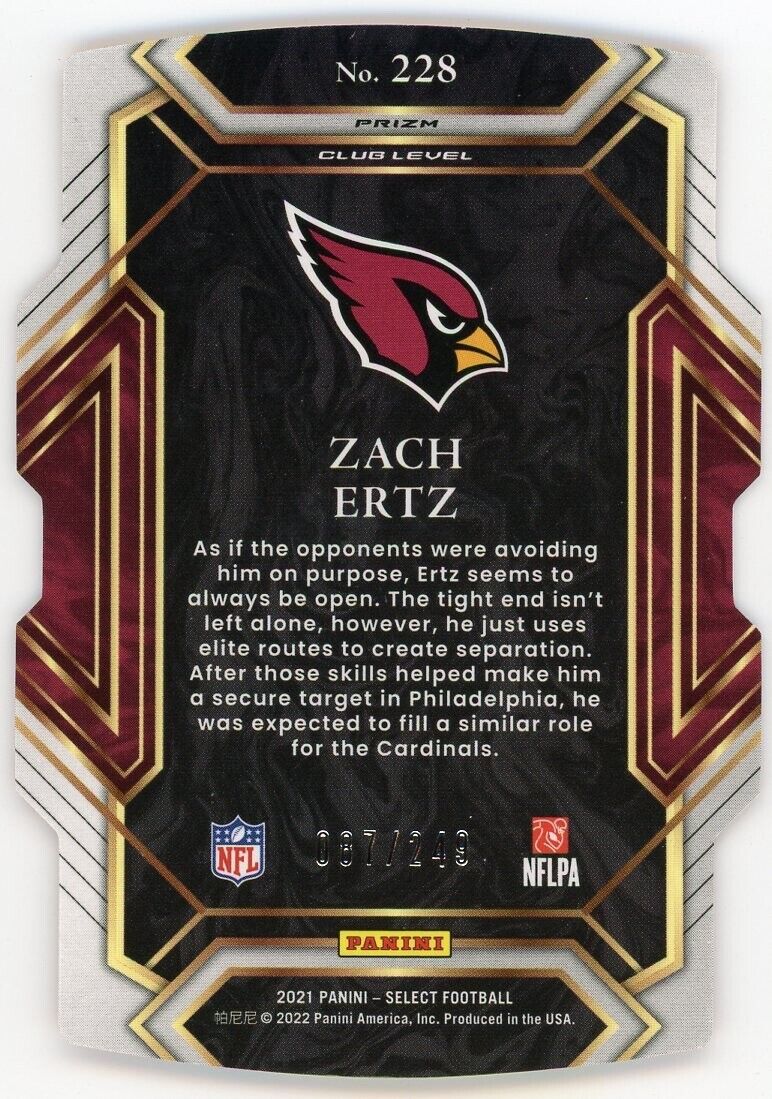 2021 Panini Select Orange Die Cut Club Level /249 #228 Zach Ertz Cardinals Card