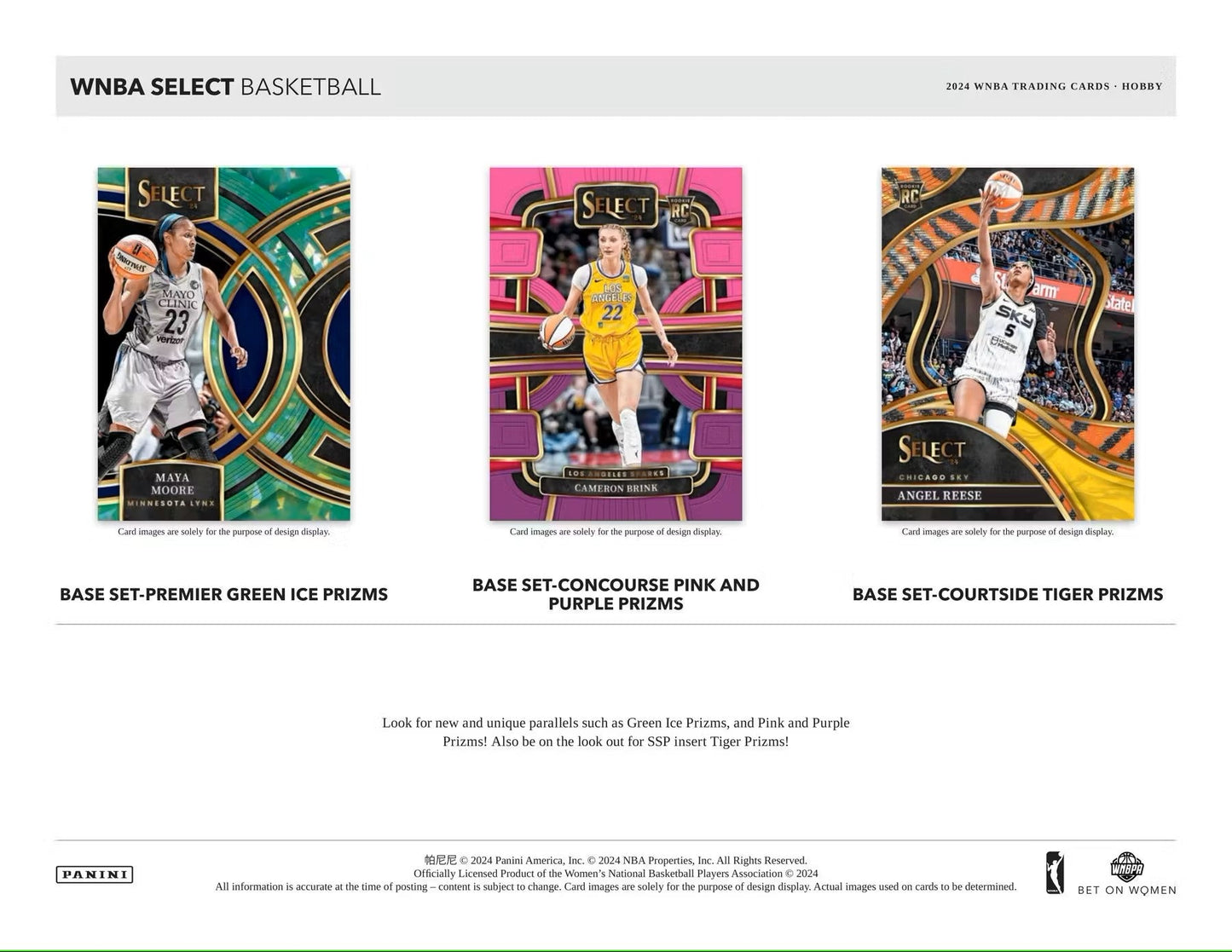 Advertisement for Panini Select WNBA basketball trading cards featuring player cards