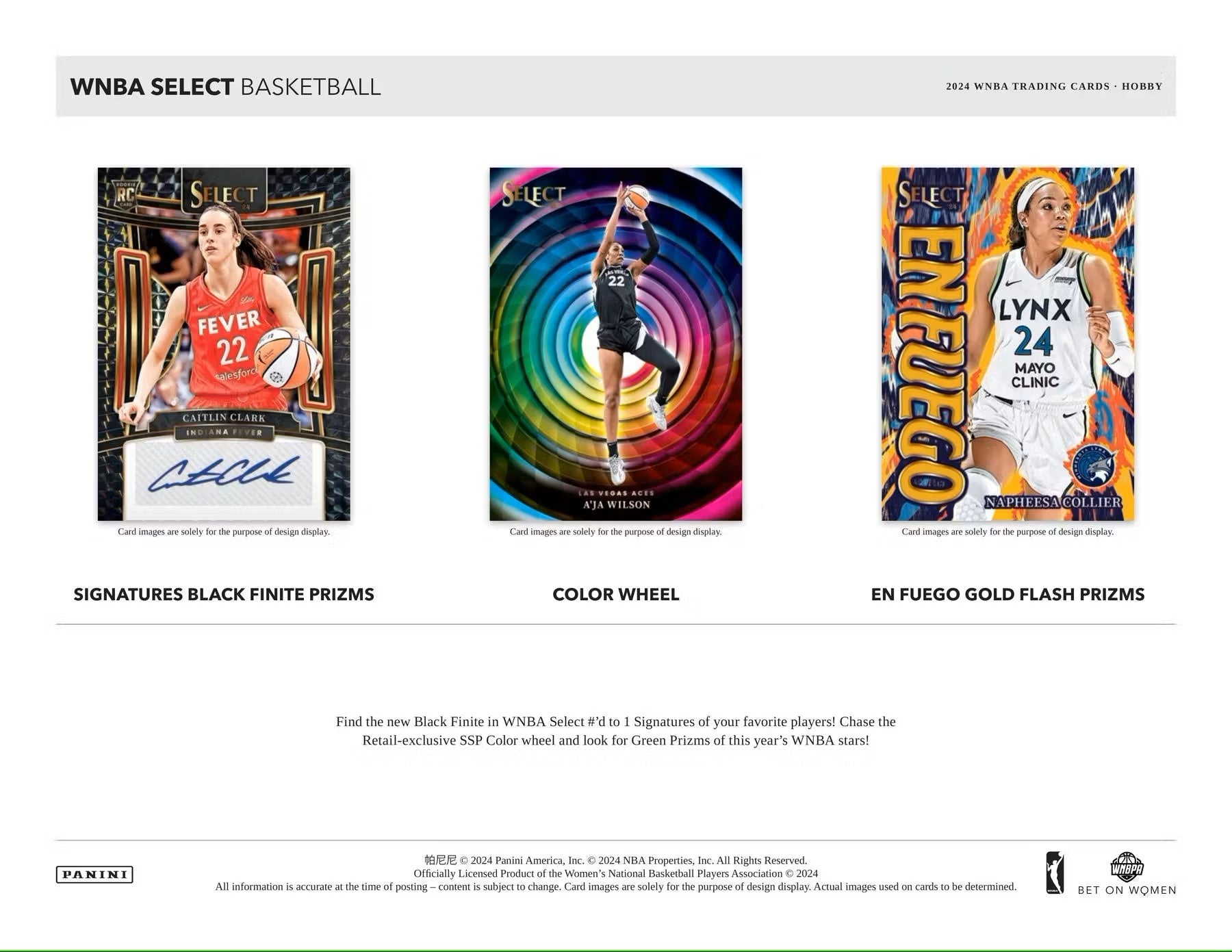 Advertisement for Panini Select WNBA trading cards featuring three unique designs