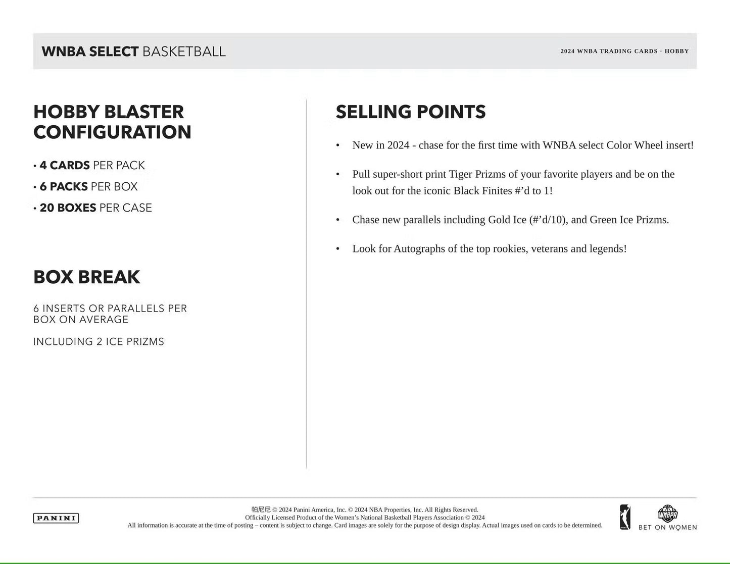 Product information sheet for Panini Select WNBA Basketball Hobby Blaster Box