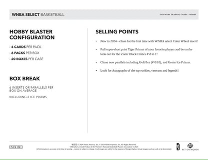 Product information sheet for Panini Select WNBA Basketball Hobby Blaster Box