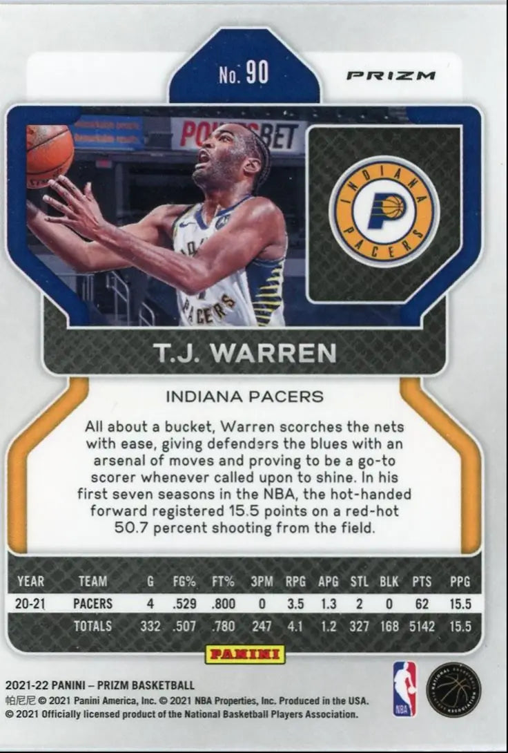 2021-22 Panini Prizm T.J. Warren Red White Blue Indiana Pacers #90