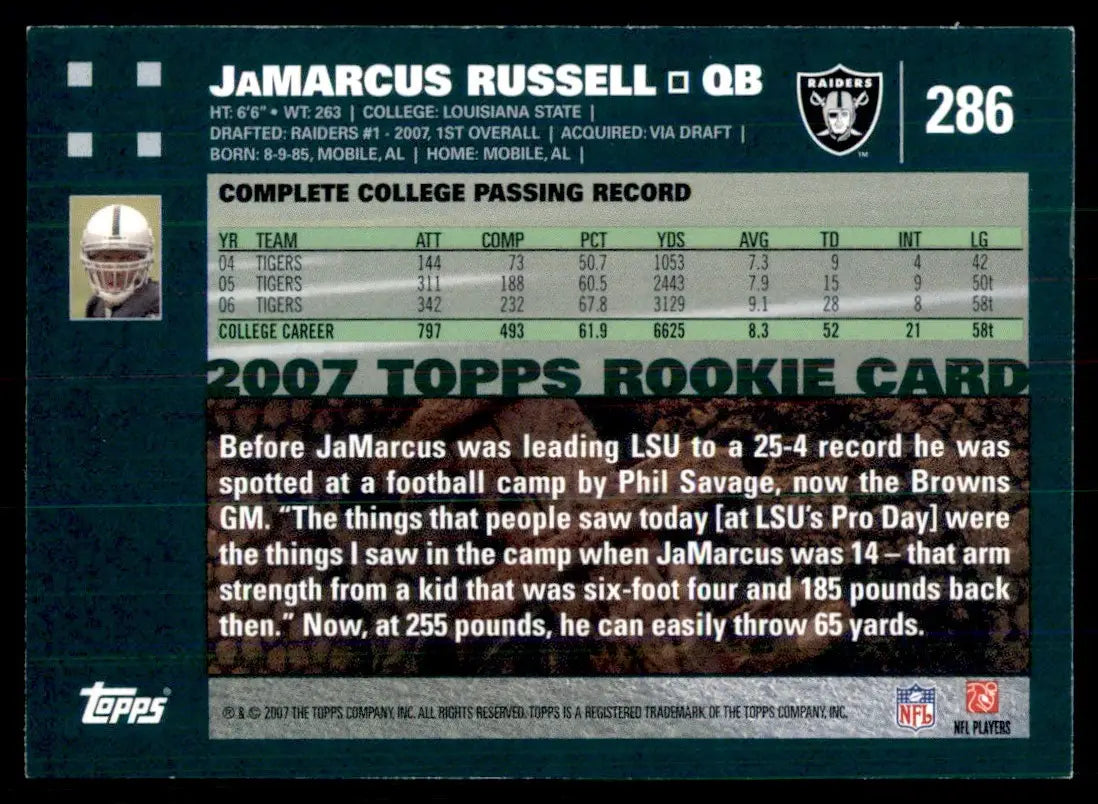 2007 Topps Jamarcus Russell Rookie Oakland Raiders #286