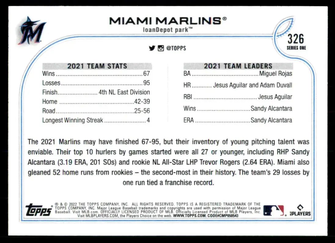 2022 Topps Miami Marlins Miami Marlins #326