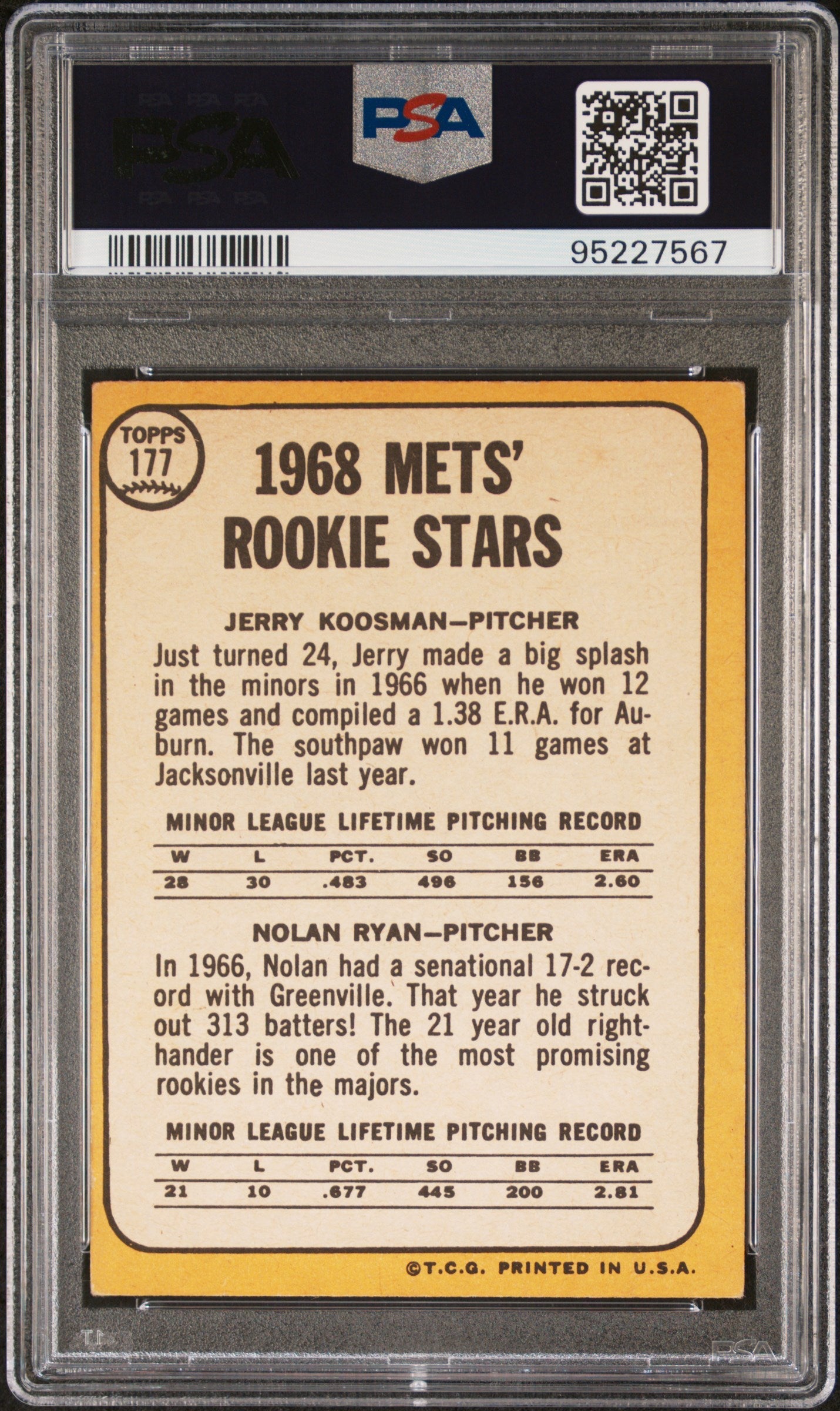 1968 Topps Rookie Stars card featuring Nolan Ryan and Jerry Koosman in PSA 3 holder