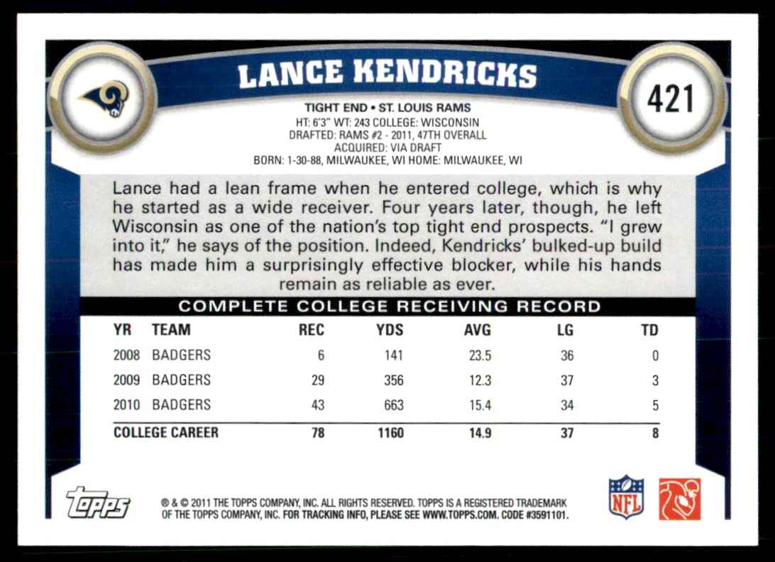 2011 Topps Lance Kendricks Rookie St. Louis Rams #421