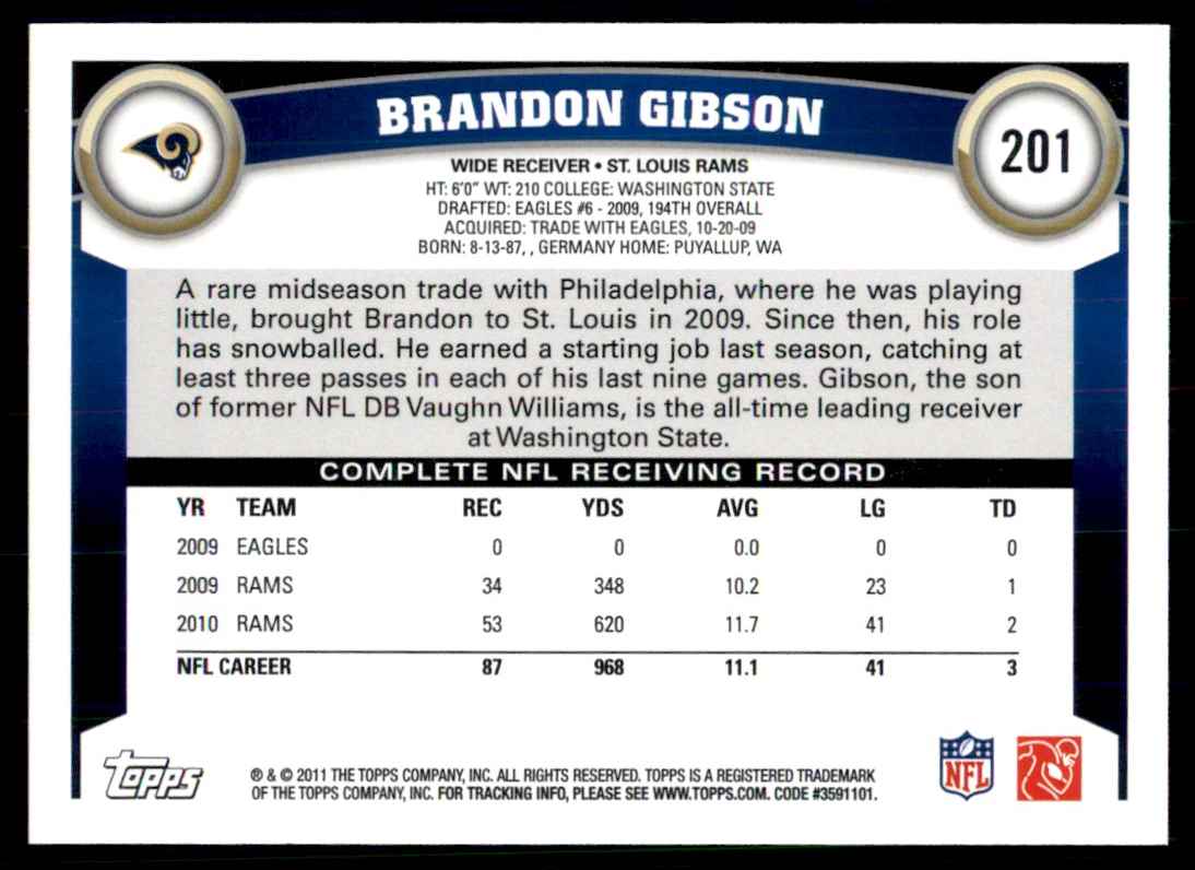 2011 Topps Brandon Gibson St. Louis Rams #201