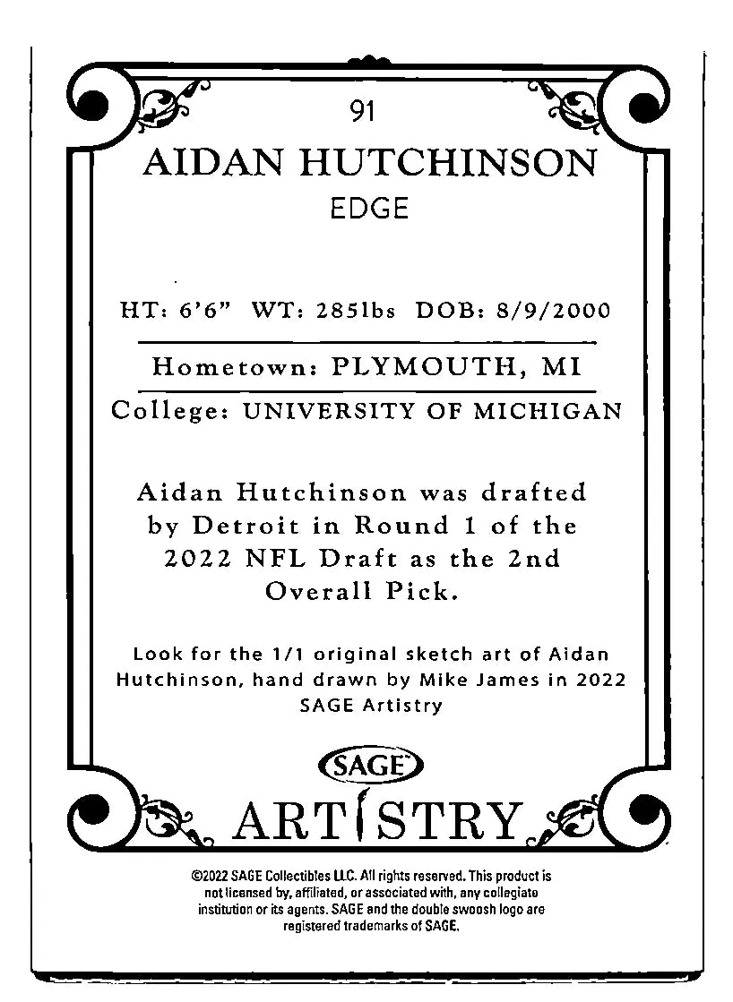 Aidan Hutchinson Trading Card from Sage Artistry #91 Base Silver Canvas Michigan Lion