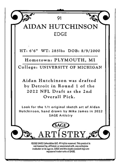 Aidan Hutchinson Trading Card from Sage Artistry #91 Base Silver Canvas Michigan Lion