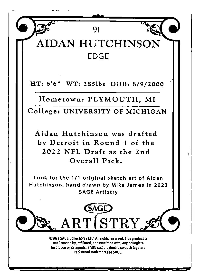 Aidan Hutchinson trading card from 2022 Sage Artistry Base Silver Canvas collection