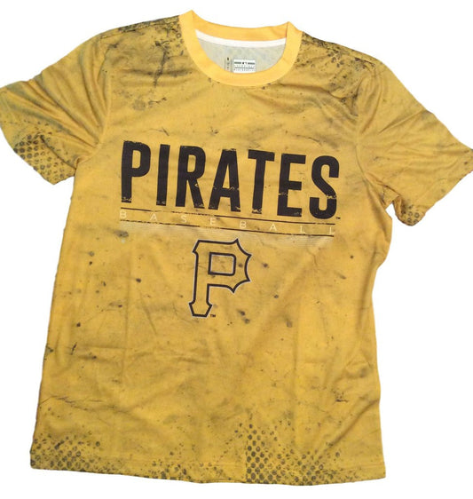 Yellow Pittsburgh Pirates t-shirt featuring distressed logo half tone design, officially licensed