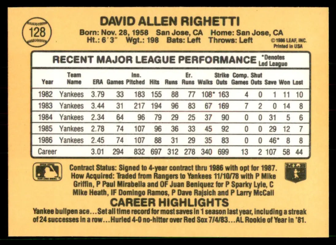 1987 Donruss Dave Righetti New York Yankees #128