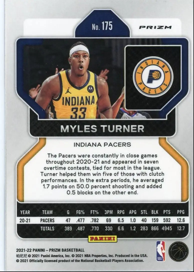 2021-22 Panini Prizm Myles Turner Red White Blue Indiana Pacers #175