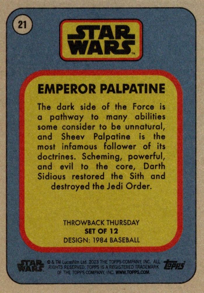 Star Wars Throwback Thursday 2023 Card #21 Emperor Palpatine 1984 Baseball