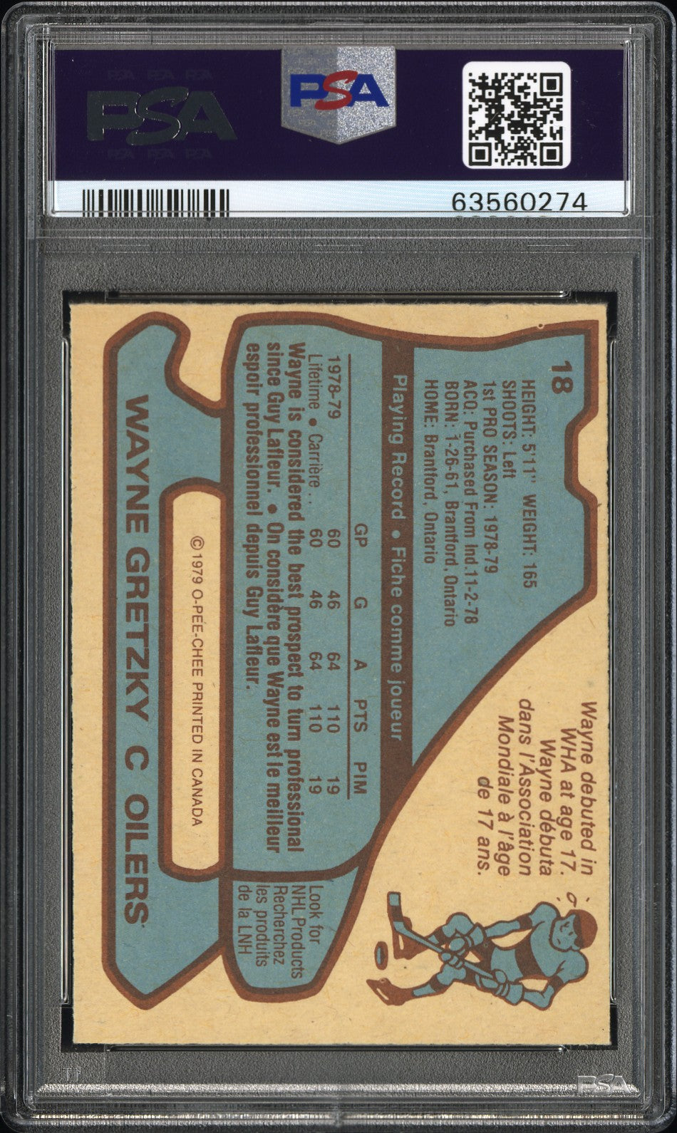 Wayne Gretzky 1979 O-Pee-Chee trading card in blue and tan PSA-graded design