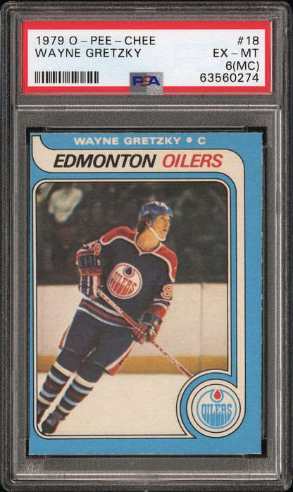 PSA-graded 1979 O-Pee-Chee Wayne Gretzky hockey card in protective case for collectors