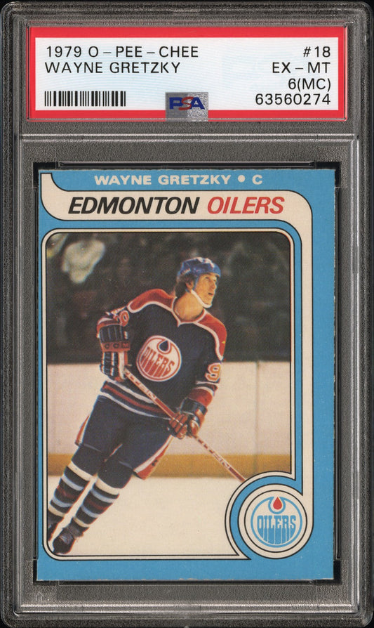 PSA-graded 1979 O-Pee-Chee Wayne Gretzky hockey card in protective case for collectors