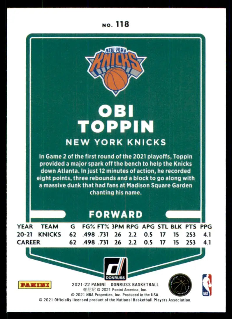 2021-22 Panini Donruss Obi Toppin New York Knicks #118